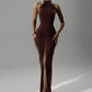 Halter Ruched Sleeveless Sexy Maxi Dress Women Gown Fashion Slim High Waist Evening Club Party Split Long Dress