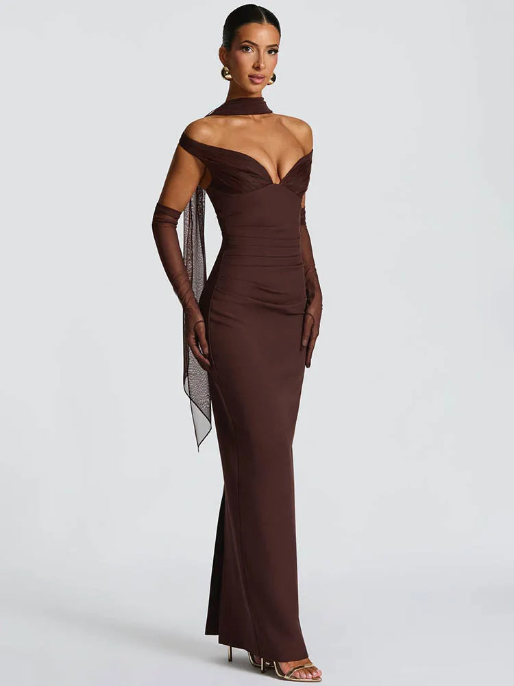 Scarf Collar Off-shoulder Sexy Maxi Dress Women Gown Fashion With Sleeve Strapless Backless Club Party Long Dresses