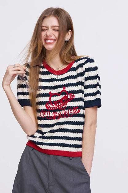 Y2K Striped Knit T-Shirt with Devil Heart Print, Retro Harajuku Short Sleeve Top, Aesthetic Slimming Knitted Jumper