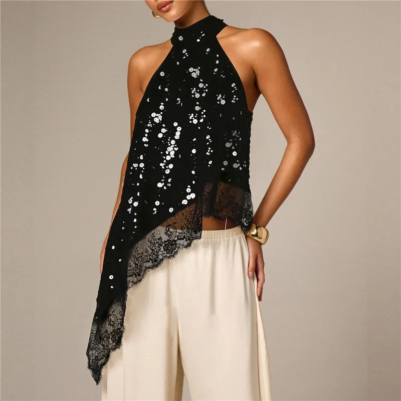 Women Halter Neck Sequin Lace Tank Top Sleeveless Asymmetrical Hanky Hem Back Keyhole Cutout Party Club Blouse Tops