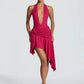 Women Halter Deep V Neck Sexy Midi Dress Elegant Irregular Ruched Wrap Waist Bodycon Club Night Party Mini Dresses