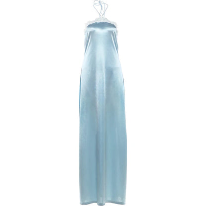 Bandages Elegant Backless Satin Dress Women Fashion Classic Halter Lace Patchwork Sleeveless Sexy Party Club Long Bodycon