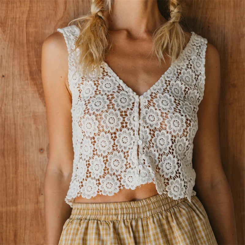 Women Crochet Lace Sleeveless Crop Top V Neck Button Down Floral Hollow Out Tank Top for Summer Beach and Vacation