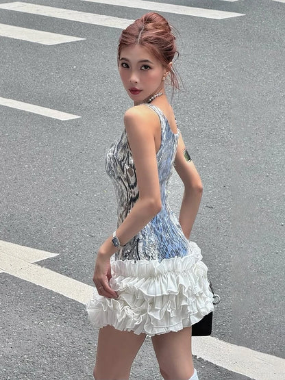 Chic Sequins Leopard Dress Women Y2K Sleeveless Square Collar Tierred Hem Skinny Street Clubwear Hottie Sexy Bodycon