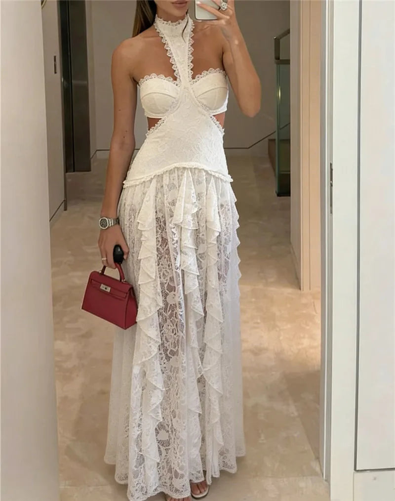 Backless Halter Neck Lace Maxi Dress Cutout Waist Tiered Ruffle Sheer Long Skirt Slim Evening Club Party Vacation Dress