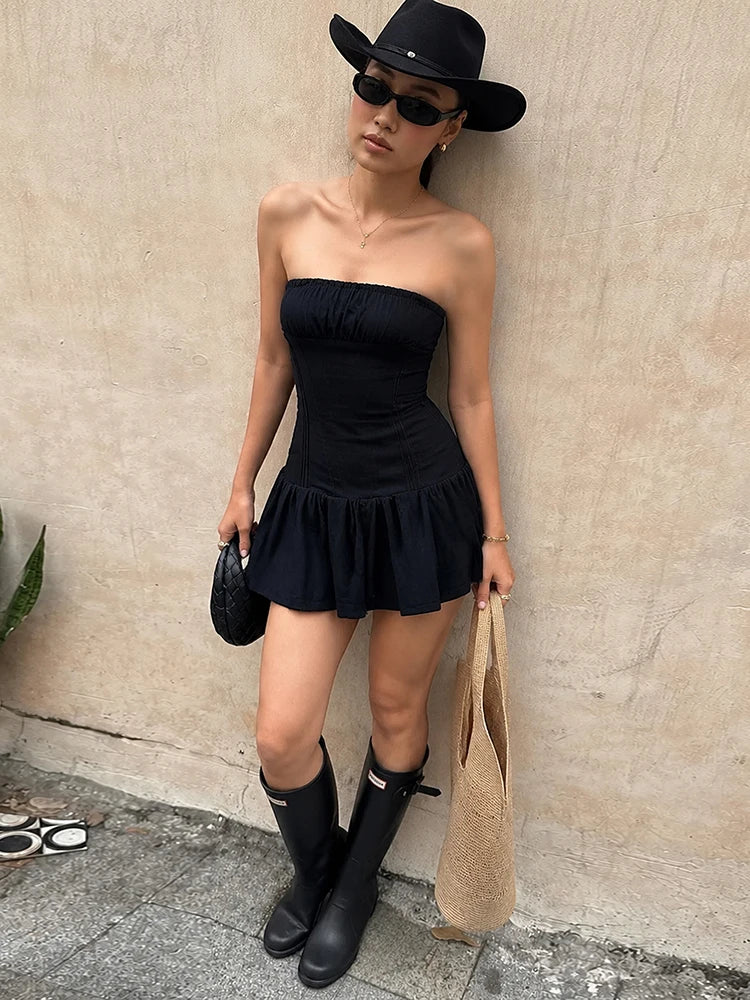Folds Dress Women Chest Wrap Sleeveless Skinny Summer Fashion Sexy Midnight Simple Classic Prom Party Mini Bodycon