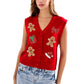 Women Xmas Sleeveless Knit Sweater Vest V Neck Button Down Cropped Waistcoat Sequin Patch Holiday Party Knit Gilet