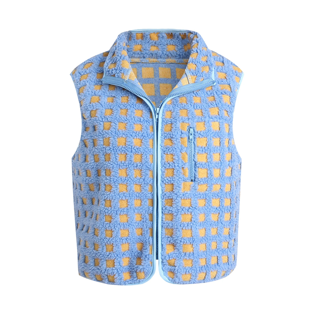 Womens Sherpa Fleece Vest Checkered Sleeveless Zip Up Warm Cardigan Polar Fleece Vest Jacket with Chest Pocket