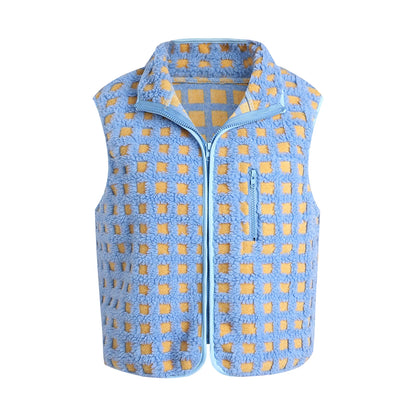 Womens Sherpa Fleece Vest Checkered Sleeveless Zip Up Warm Cardigan Polar Fleece Vest Jacket with Chest Pocket