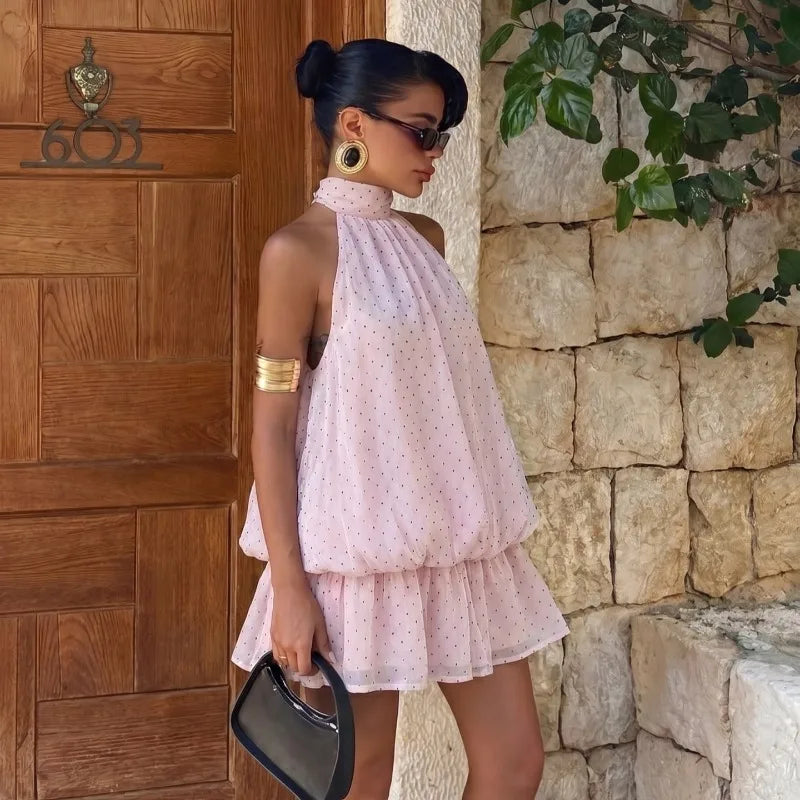 Polka Dot Pink Halter Backless Fluffy Mini Dresses for Women Princess Dress Summer 2026