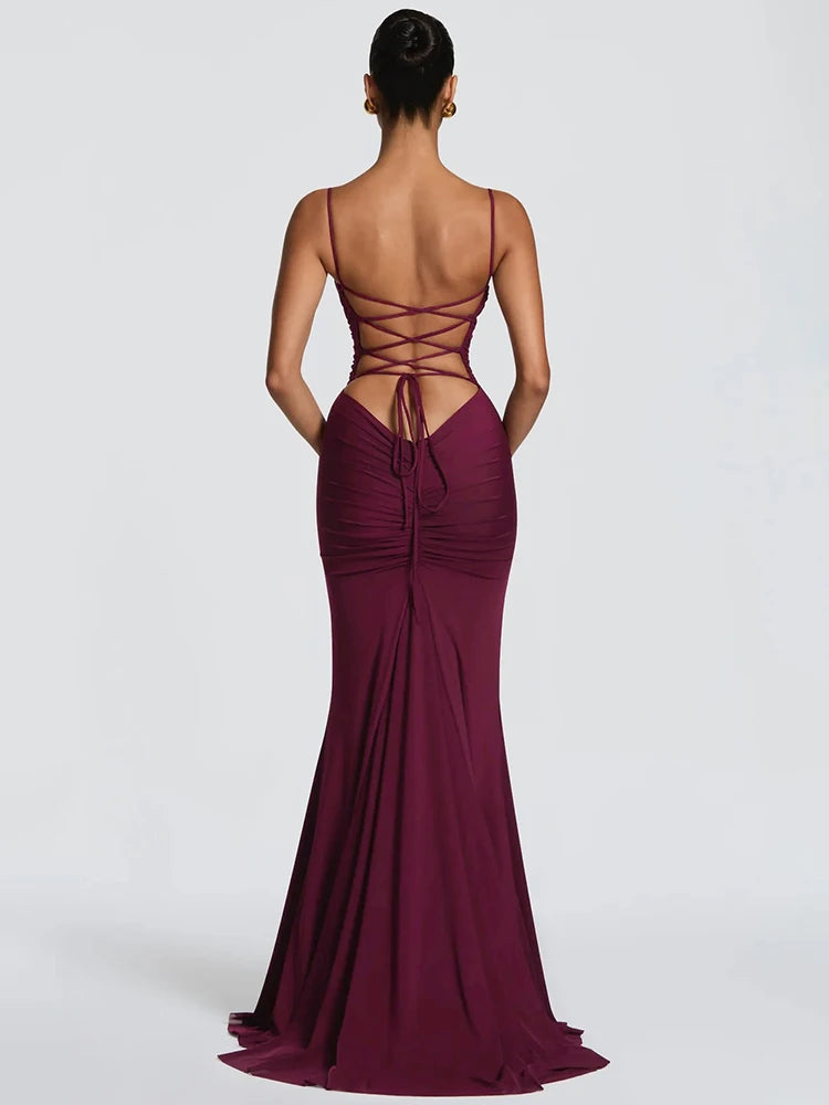 Spaghetti Strap Backless Sexy Maxi Dress Women Elegant Square Collar Sleeveless Bodycon Club Party Mermaid Long Dress