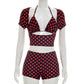 Women Polka Dot 3Piece Outfit Halter Bikini Crop Top Short Sleeve Cover Up+Shorts Sexy Club Party Night Out Matching Set