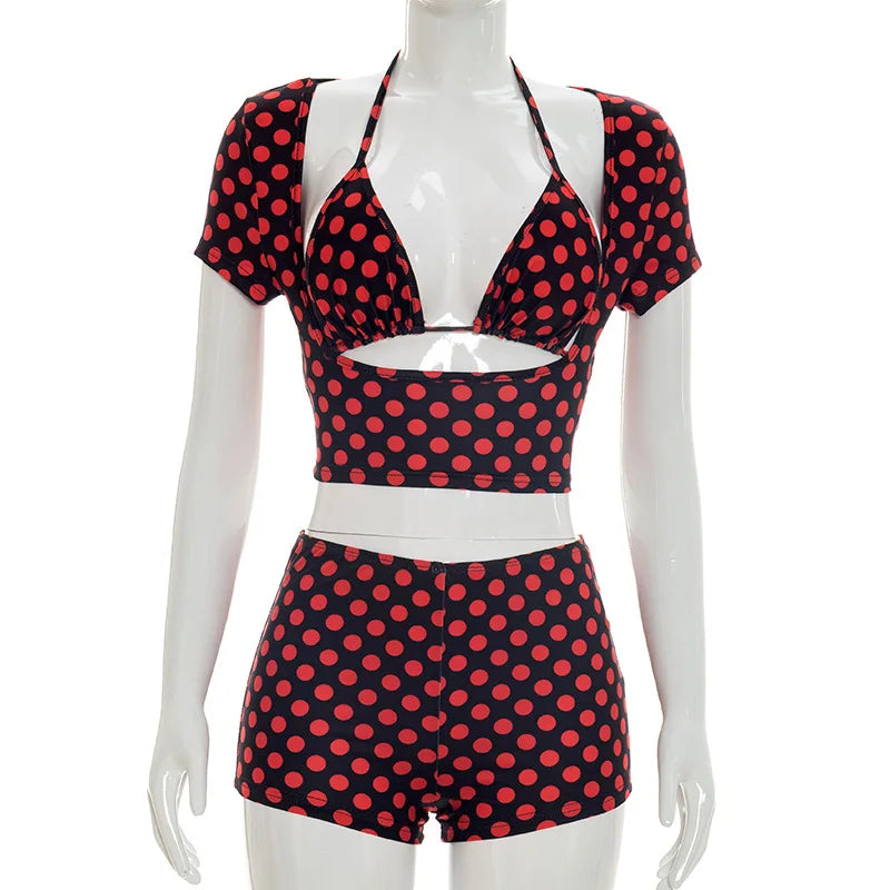 Women Polka Dot 3Piece Outfit Halter Bikini Crop Top Short Sleeve Cover Up+Shorts Sexy Club Party Night Out Matching Set