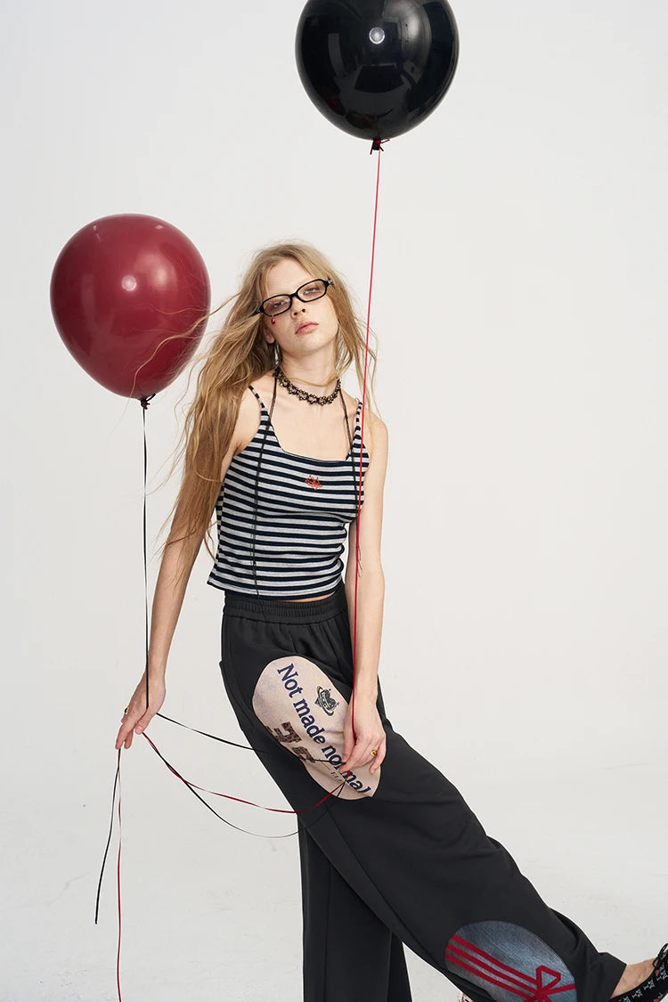 Women's Striped Spaghetti Strap Cami with Red Graphic, Sleeveless Square Neck Crop Top for Everyday Casual