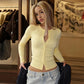 Light Yellow Ribbed Knit Button-up Cardigan Casual Long Sleeve Tops 2026 Fall T Shirts Woman Clothing