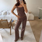 Women Summer Y2K Coquette Striped Tracksuit Yoga Sets Sleeveless Backless Crop Tops Tanks+Fold Over Trousers Sweatpants