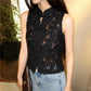 Women Chic Hollow Lace Waist Cinched Tank Shirt Elegant Slim See Through Single Breasted Frogs Top Summer Streetwear