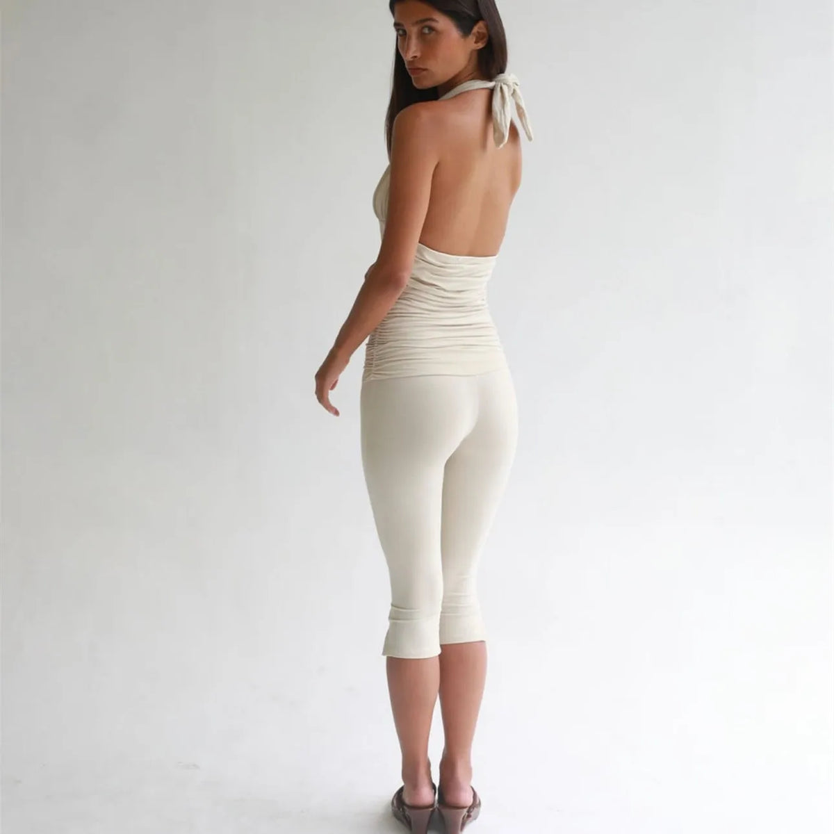 Women's Y2K Sexy Halter Neck Backless Deep V Neck Ruched Bodycon Capri Length Jumpsuit Solid Color Slim Fit Streetwear