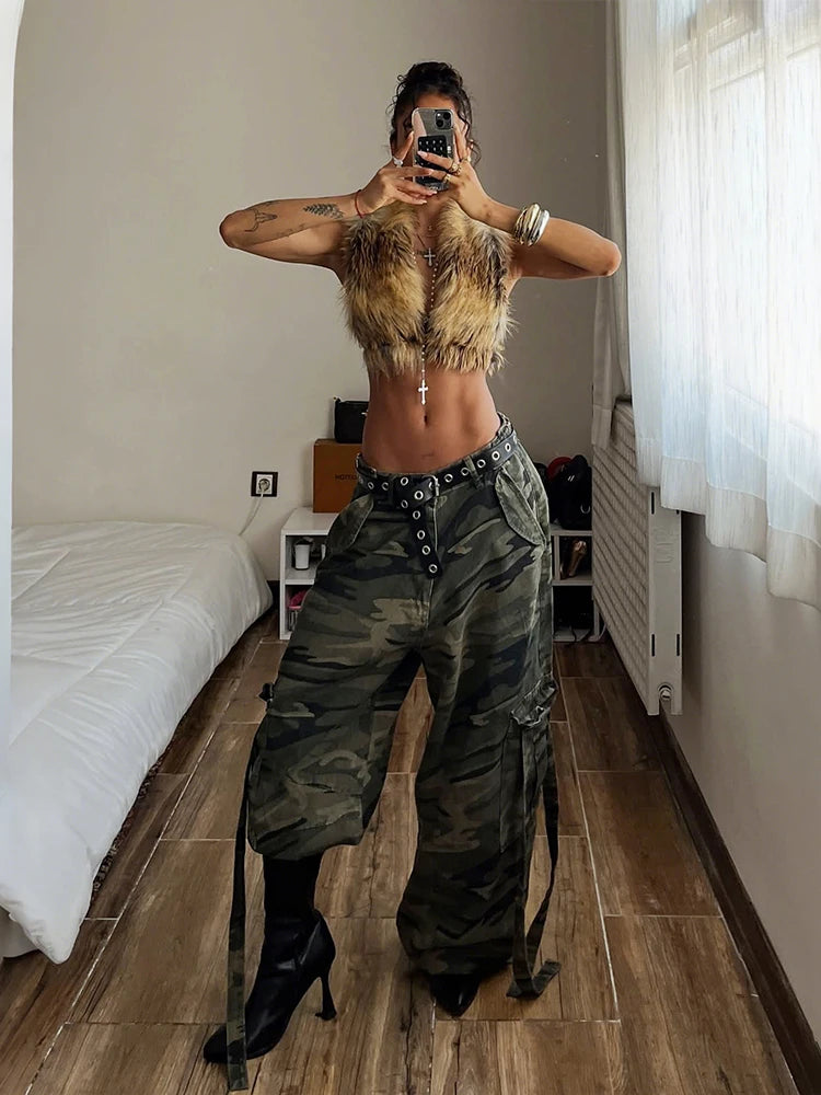 Gradient Fluffy Vest Women Halter Backless Sexy Hottie Hip-Hop Style Midnight Wild Party Sweetwear Fashion Coquett Tops