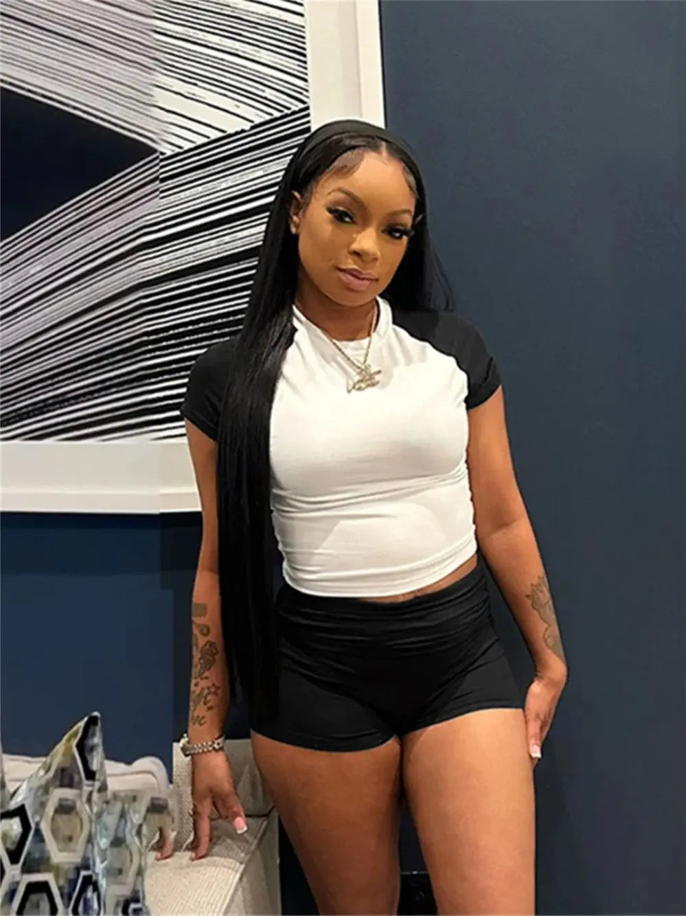 Sporty Patchwork 3 Piece Set Women Casual Summer Headband+Crop Top+High Waist Bike Shorts Street Matching Tracksuit