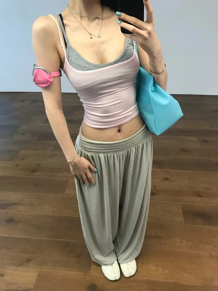 Simple Two Tops Women Mini Low-Neck Camisole+High Elasticity Solid Sexy Hottie Midnight Street Summer Classic Outfit