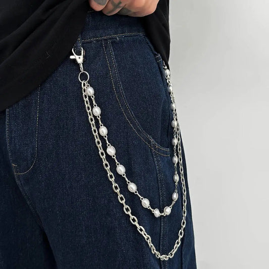 Vintage Imitation Pearl Keychain Wallet Belt Chain for Men Women Hip Hop Trousers Jeans Chain Steampunk Jewelry Gift