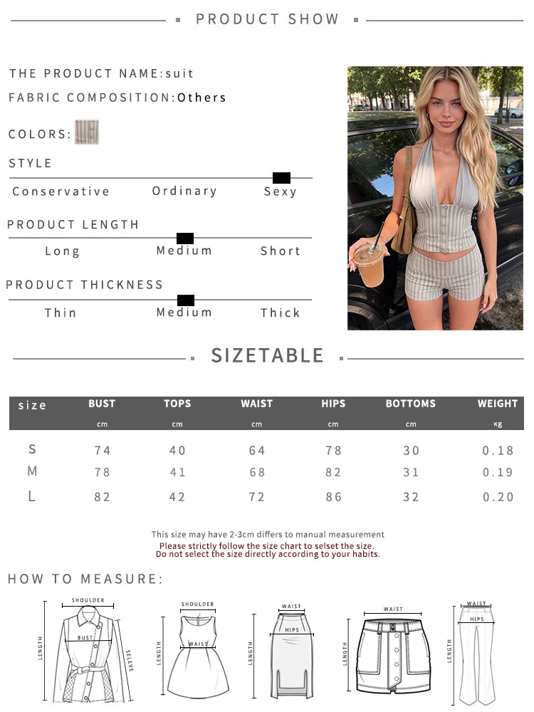 Summer Casual 2 Piece Set Woman Halter Low-Neck Backless Single-Breasted Tank Tops+Skinny Mini Shorts Fashion Streetwear