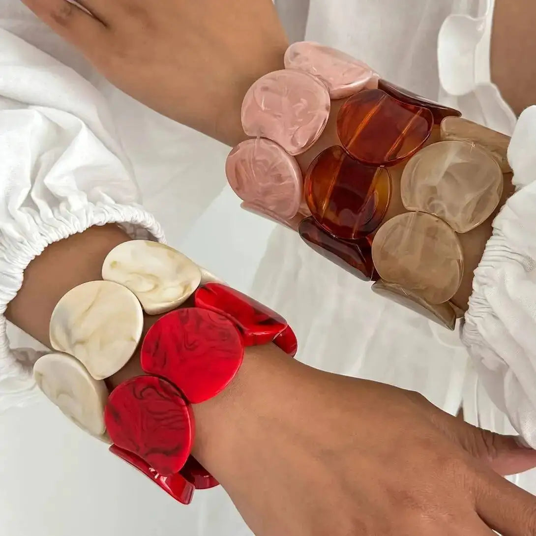 Vintage Wide Resin Acrylic Bracelet Set for Women Exaggerated Stacking Bangle Trendy Red Pink off White Smudge Splicing Jewelry