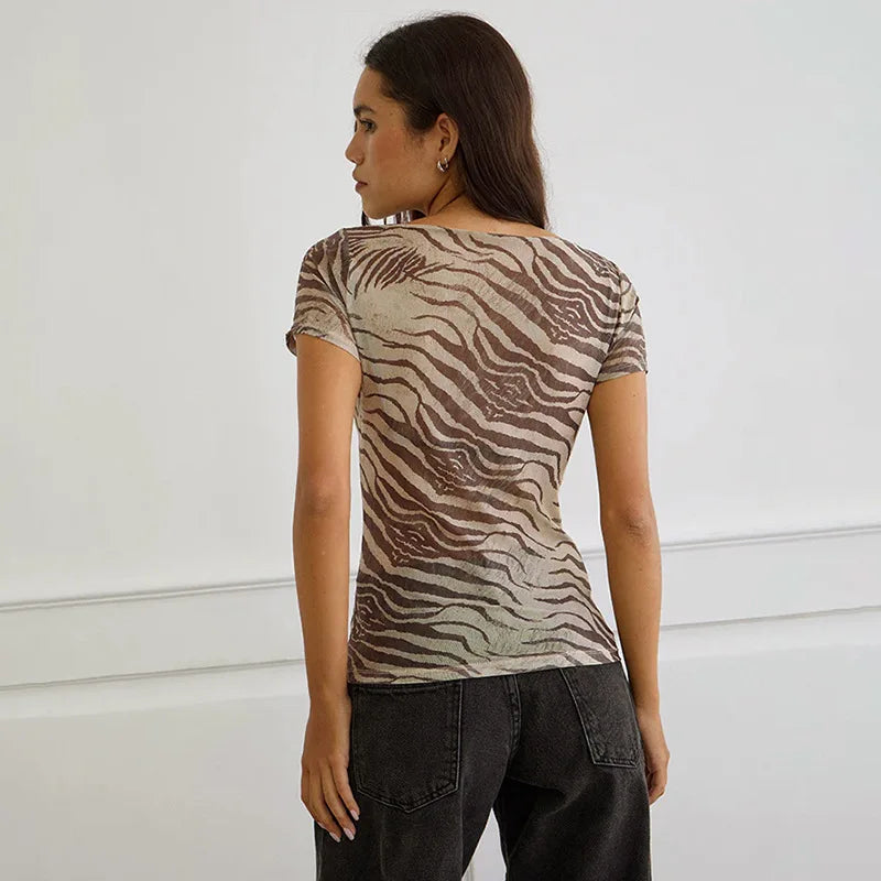 Animal Print Mesh Sheer Tops Summer 2026 Fashion Short Sleeve T Shirts for Woman Clothing