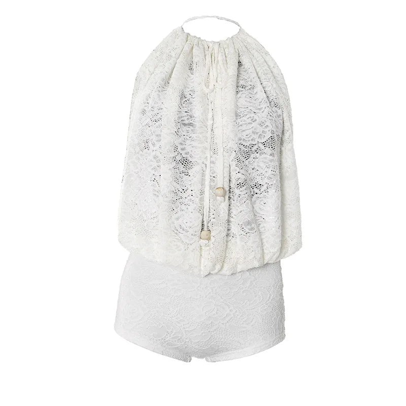 Lace White Rompers Sexy Cruise Wear for Woman One Piece Halter Open Back Sleeveless Jumpsuits Rave Outfits