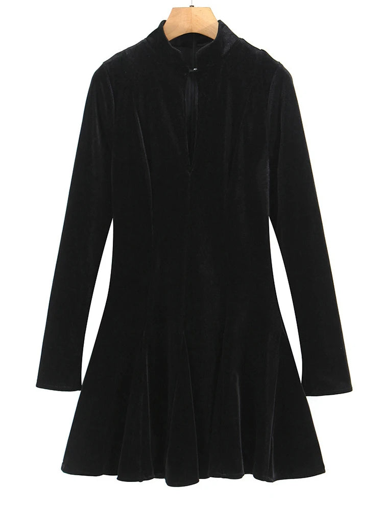 Hollow Out Long Sleeve Sexy Mini Dress Women Elegant Velvet Turtleneck High Waist A-line Club Party Dress Female