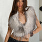 Furry Tassel Hooded Crop Tops Women Contrast Patchwork Halter Deep V-Neck Backless High Street Style Fashion Outfits