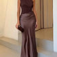 Satin Inclined Shoulder Sexy Maxi Dress Women Fashion Patchwork Sleeveless Backless Bodycon Evening Club Party Dress