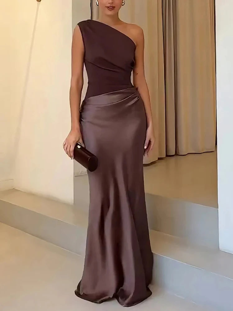 Satin Inclined Shoulder Sexy Maxi Dress Women Fashion Patchwork Sleeveless Backless Bodycon Evening Club Party Dress