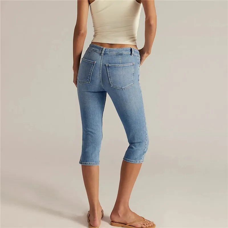 Elegant Office Women High Waist Front Seam Capri Jeans Slim Knee Length Denim Pants Solid Casual Commuter Mid Trousers