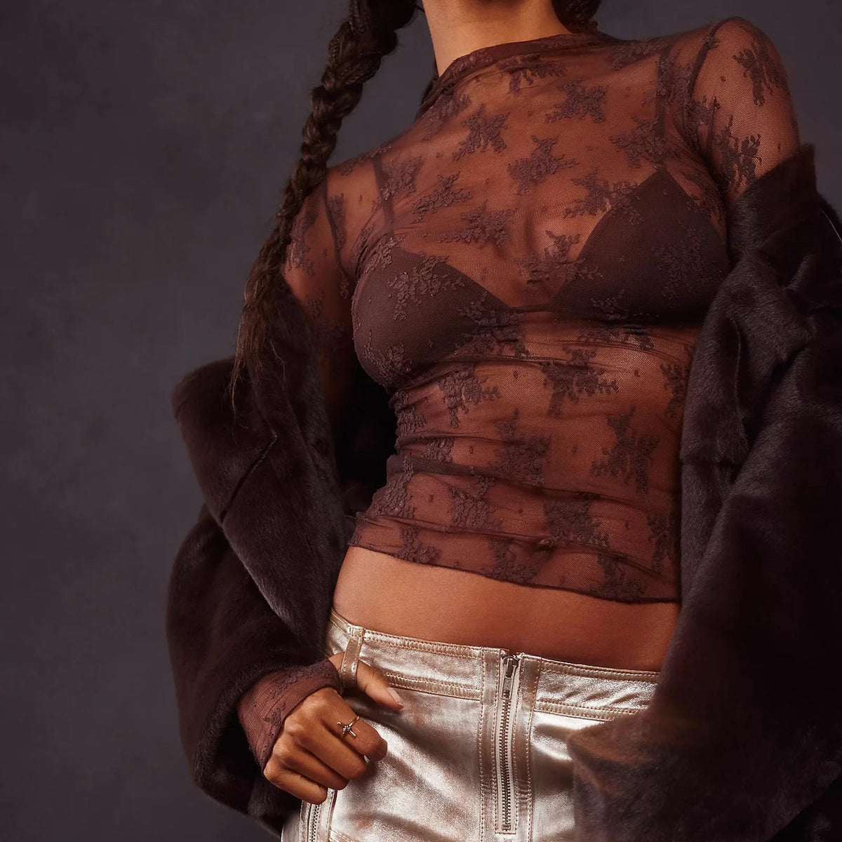 Women's Lace Layering Top Long Sleeve Sheer Mesh Mock Neck Undershirt Y2K Lace Floral Tops See Through Shirt Blouse
