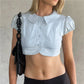 Women Peter Pan Collar Puff Sleeve Crop Top Button Down Short Sleeve Slim Fit Form Fitting Cropped Blouse Y2K Streetwear