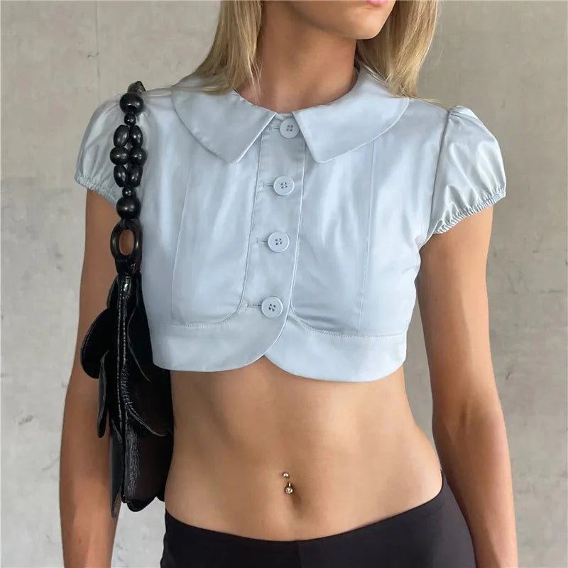 Women Peter Pan Collar Puff Sleeve Crop Top Button Down Short Sleeve Slim Fit Form Fitting Cropped Blouse Y2K Streetwear