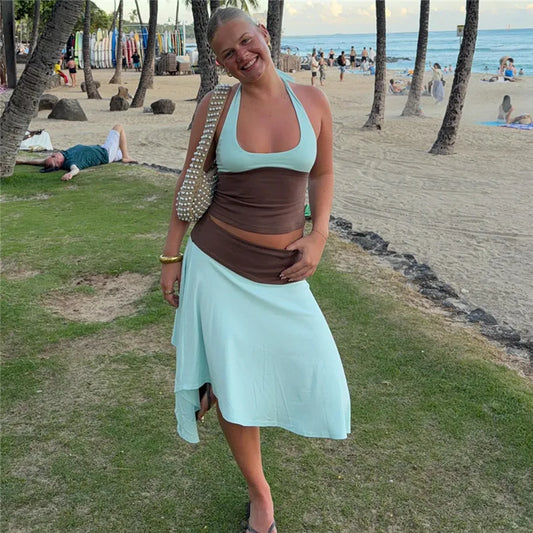 Women Summer Color Block Halter 2 Pcs Outfit Sleeveless Crop Top Asymmetrical Hem Midi Skirt Beach Vacation Matching Set