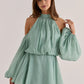 Women Halter Off Shoulder Mini Dress Puff Long Sleeve Chiffon Loose A Line Short Dress Wedding Guest Party Club Outfit
