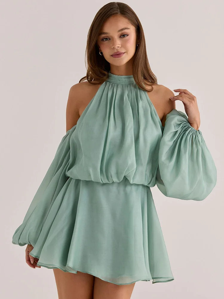 Women Halter Off Shoulder Mini Dress Puff Long Sleeve Chiffon Loose A Line Short Dress Wedding Guest Party Club Outfit