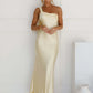 One Shoulder Backless Sexy Maxi Dress Women Gown Satin Skew Collar Sleeveless Thigh High Split Club Party Long Dresses