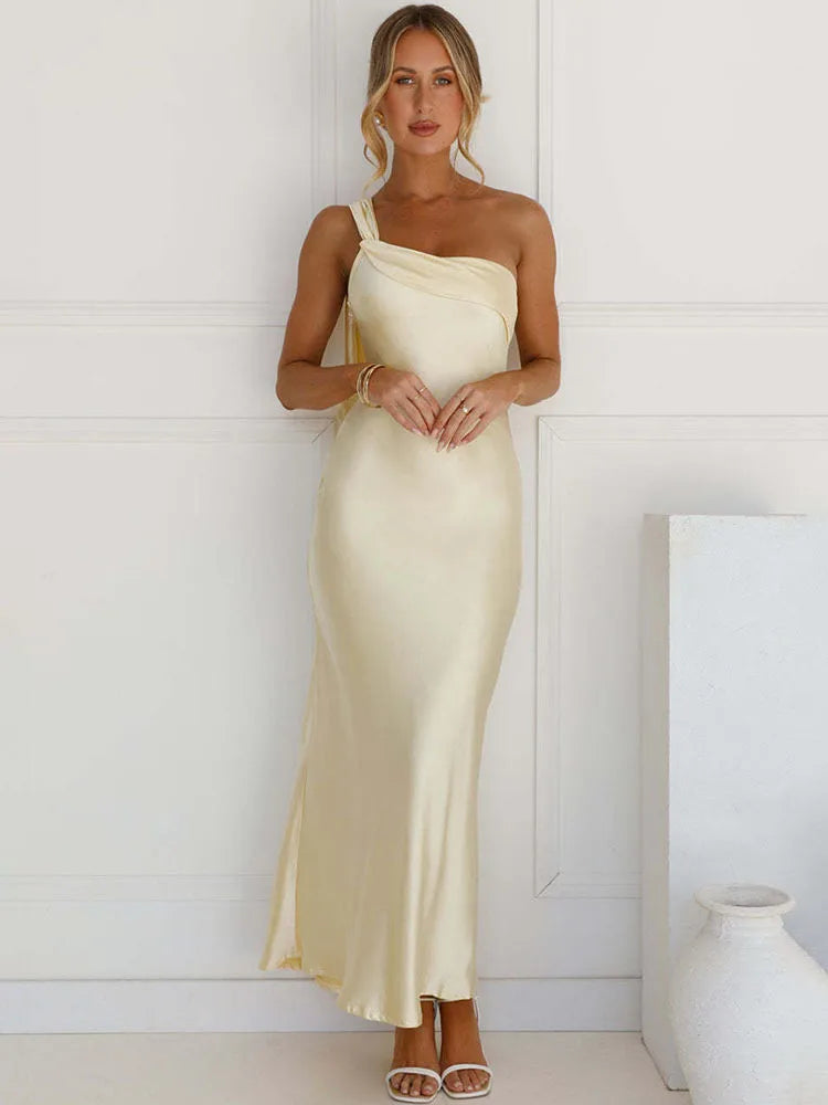 One Shoulder Backless Sexy Maxi Dress Women Gown Satin Skew Collar Sleeveless Thigh High Split Club Party Long Dresses