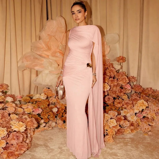 One Shoulder Draped Cape Maxi Dress Pink Elegant Luxury Evening Party Dresses for Woman Birthday