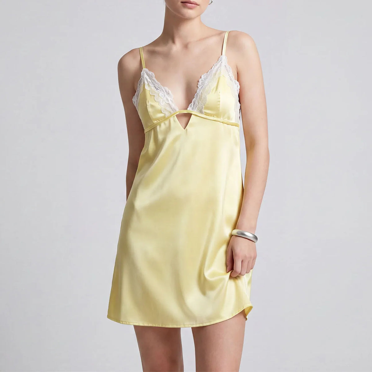 Women Satin Lace Trim Slip Nightgown Deep V Cutout Front Spaghetti Straps Open Back Mini Chemise Sexy Lingerie Dress
