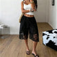 Womens Y2K Satin Lace Patchwork Capri Shorts Drawstring Waist Side Slit Floral Lace Hem Loose Mid Calf Casual Bottoms