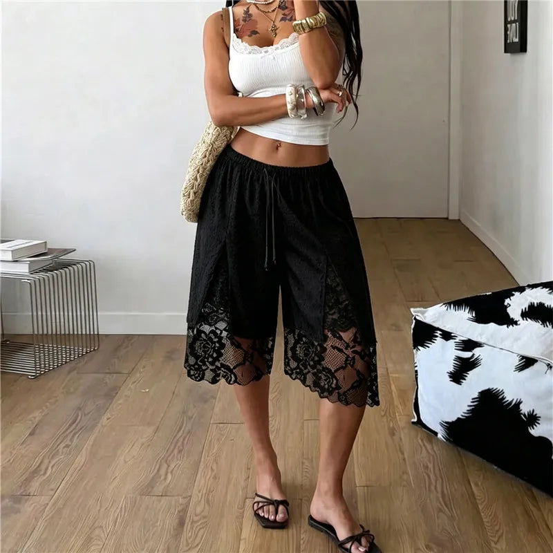 Womens Y2K Satin Lace Patchwork Capri Shorts Drawstring Waist Side Slit Floral Lace Hem Loose Mid Calf Casual Bottoms