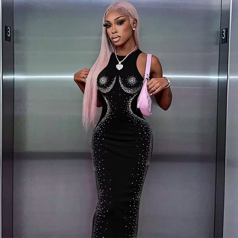 3d Body Rhinestone Sleeveless Bodycon Maxi Dress Sexy Black Evening Dresses Long Luxury 2023 Fall Party Gown