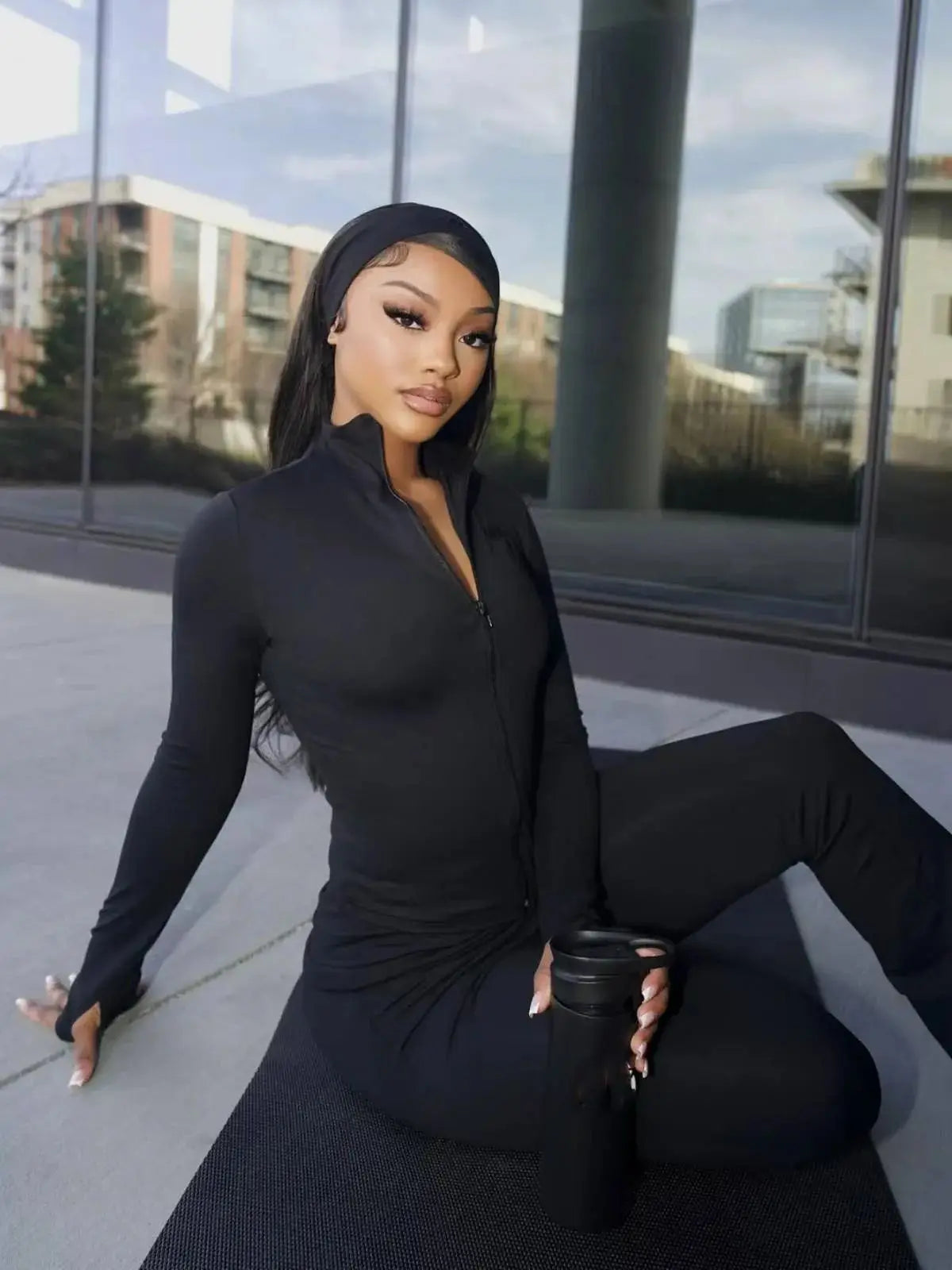 Casual Tracksuit Women 3-Piece Set Sporty Stretch Zip Crop Jacket+Leggings+Headband Fitness Stretch Street Outfits