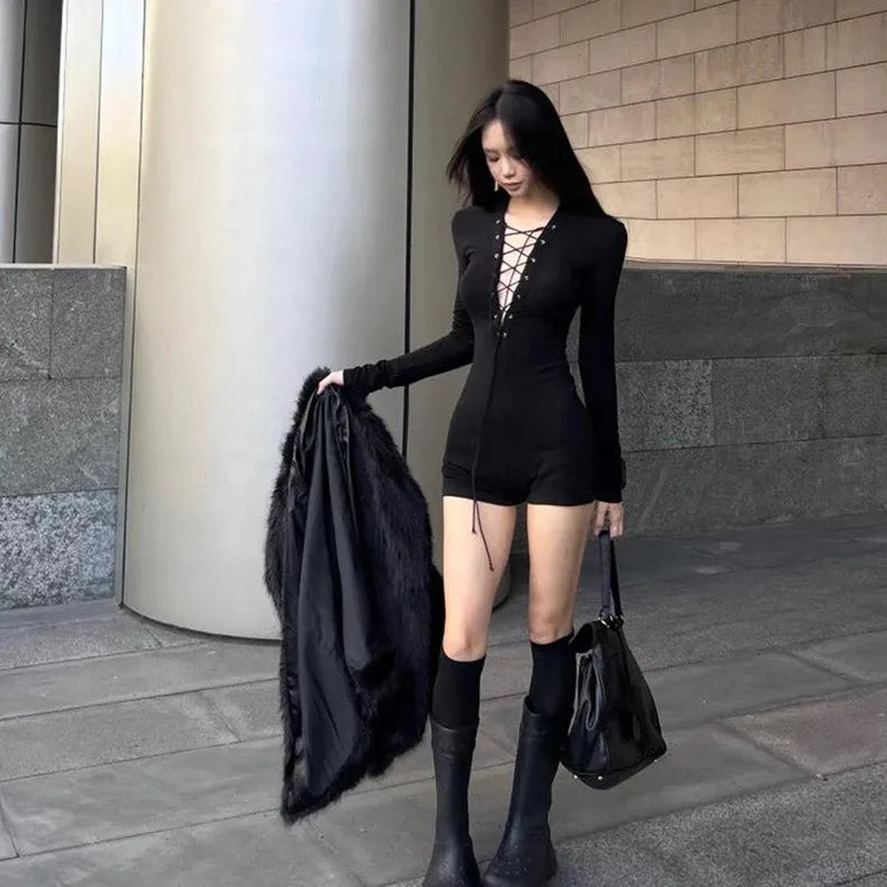 Deep V Neck Lace Up Long Sleeve Short Jumpsuit Gray Black Sexy Romper Fall Clothes for Woman One Piece Outfit
